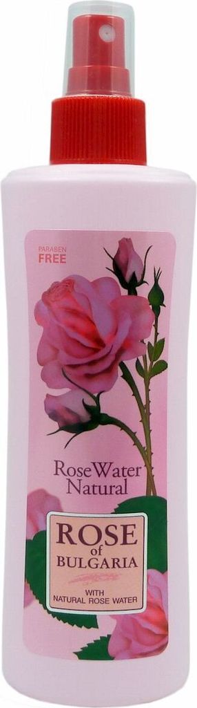 A bottle of rose water with a spray nozzle.