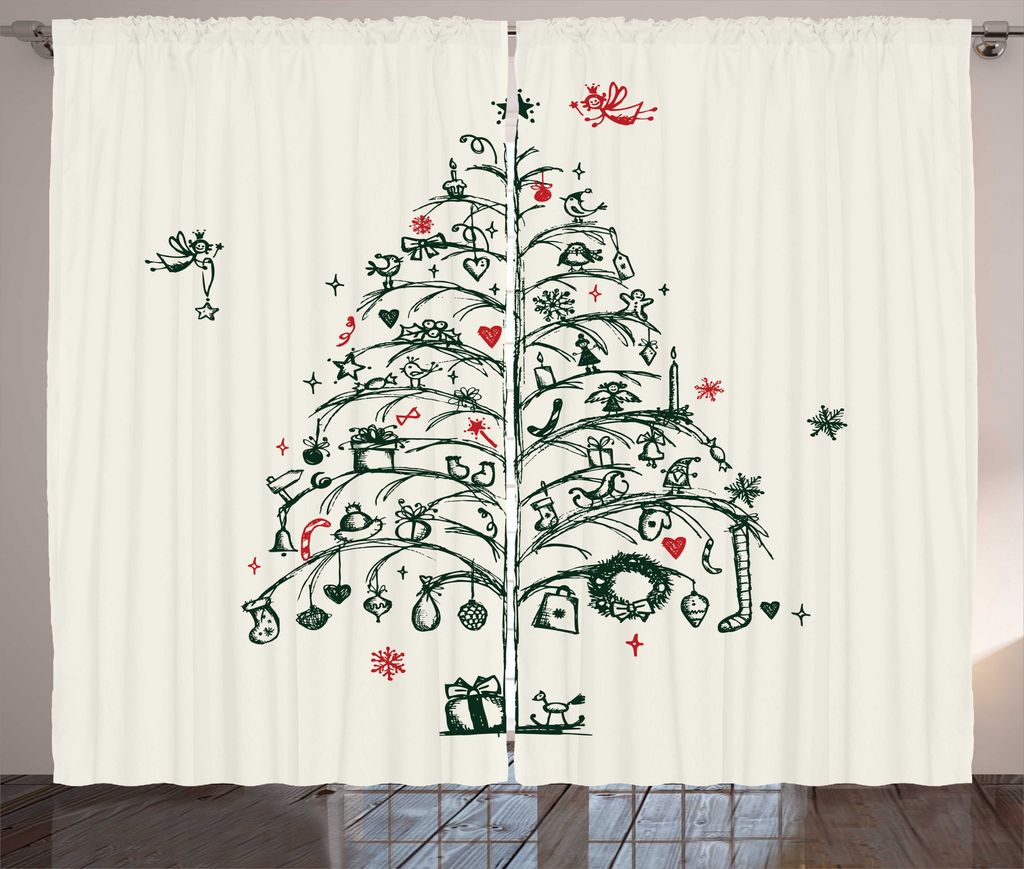 ABAKUHAUS Weihnachten Rustikaler Vorhang, Baum und Feen, Wohnzimmer Universalband Gardinen mit Schlaufen und Haken, 280 x 225 cm, Grün und Rot
