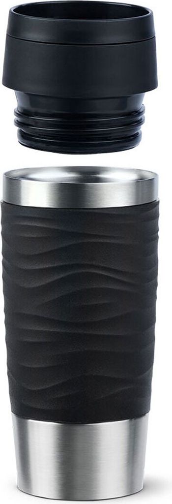 A black travel mug with a textured wave pattern and a silver base, shown with its black lid.