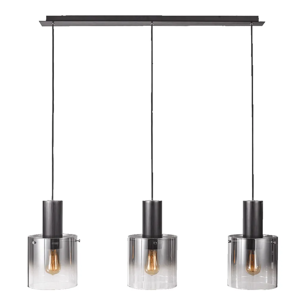 Suspension MOXIE 3xE27 en métal noir et verre fumé L90cm pour salon