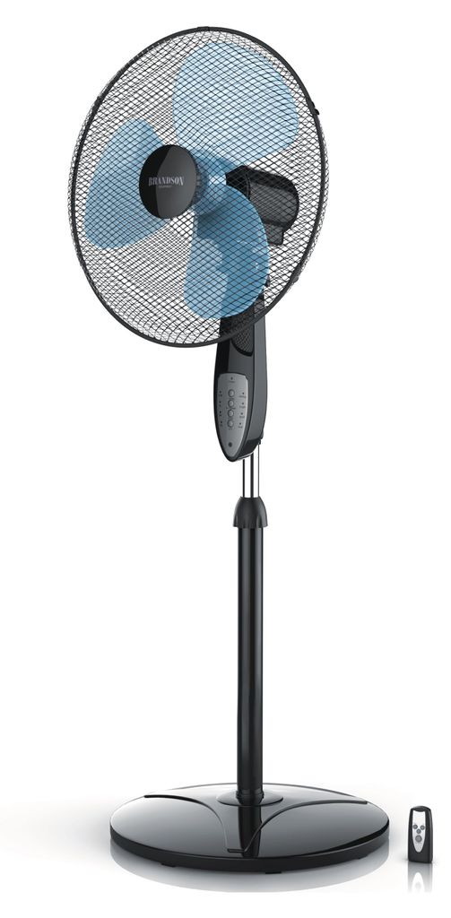 A black pedestal fan with blue blades on a white background.