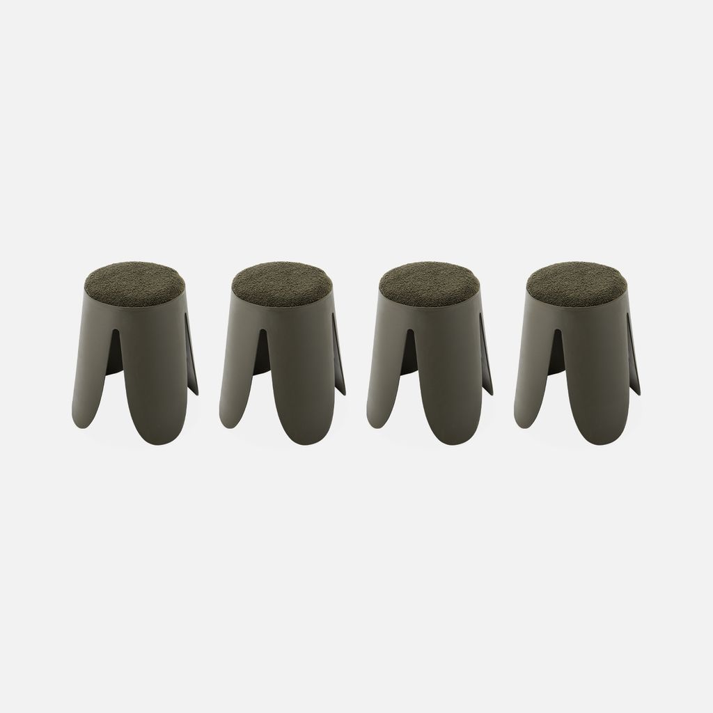 Four khaki-colored stools with green textured seats are arranged in a row against a light gray background.