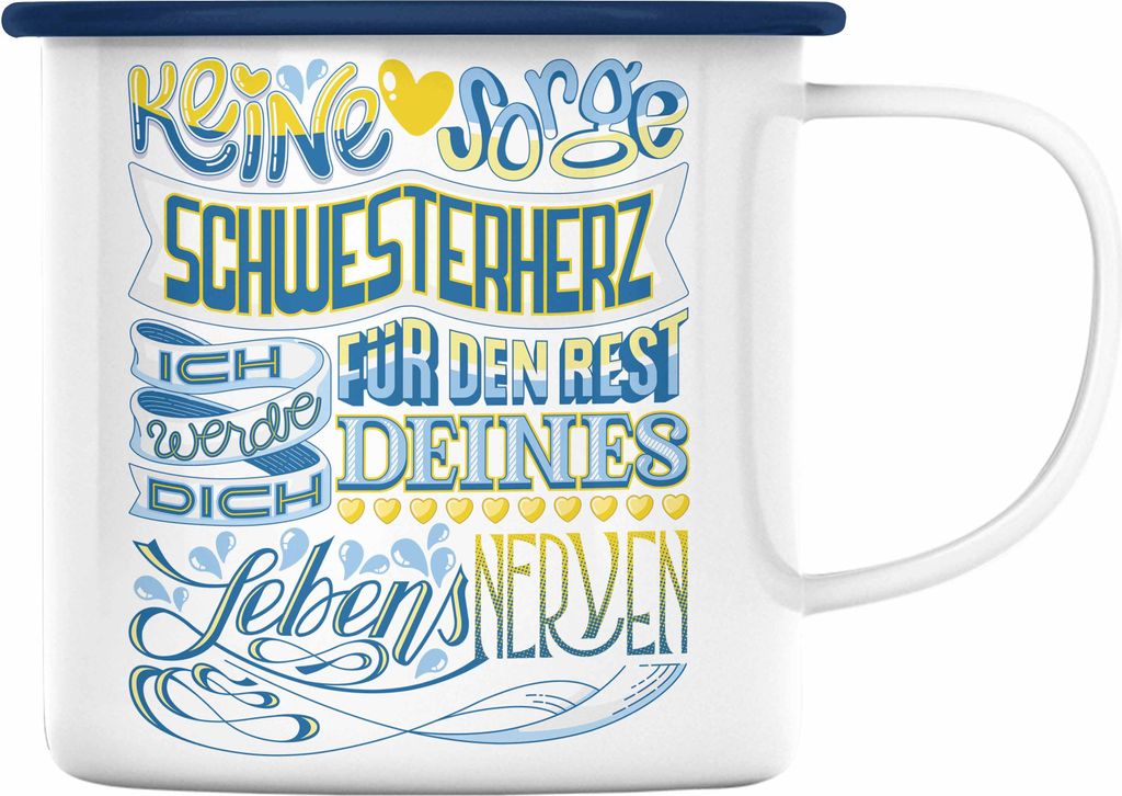Trendation - Beste Schwester Emaille Tasse Geschenk von Schwester an Schwester Lieblingsschwester von Bruder Geschenkidee (Blau)