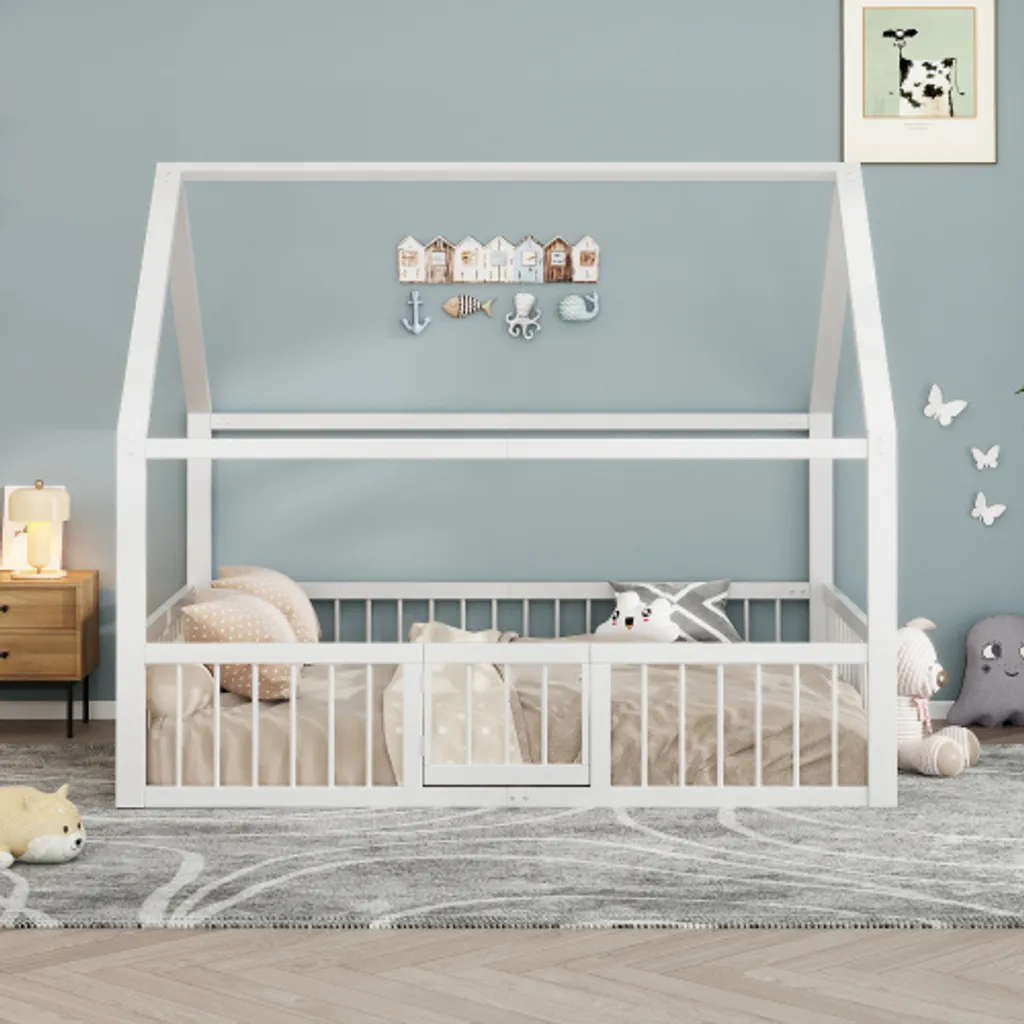 Lit Cabane 140x200 pour Fille et Garçon Cadre Métal Blanc avec Toit