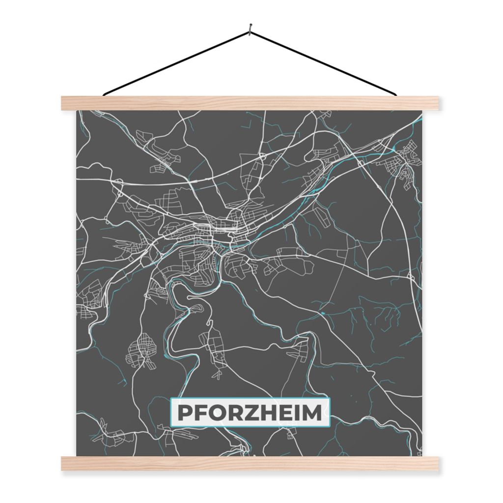 MuchoWow Textilposter Deutschland - Blau - Pforzheim - Stadtplan - Karte 120x120 cm mit holzfarbenen Rahmen - Textil-Poster