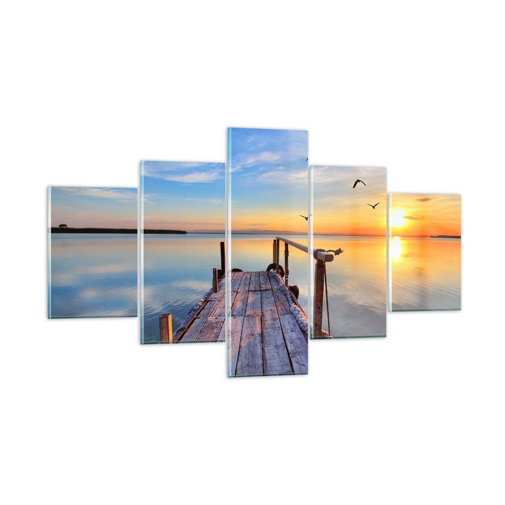 Bilder auf glas - See Natur Brücke Vögel - 125x70cm - Glasbilder - Wandbilder - Kunstdruck - zum Aufhängen bereit - Wanddekoration aus Glas - Gl...