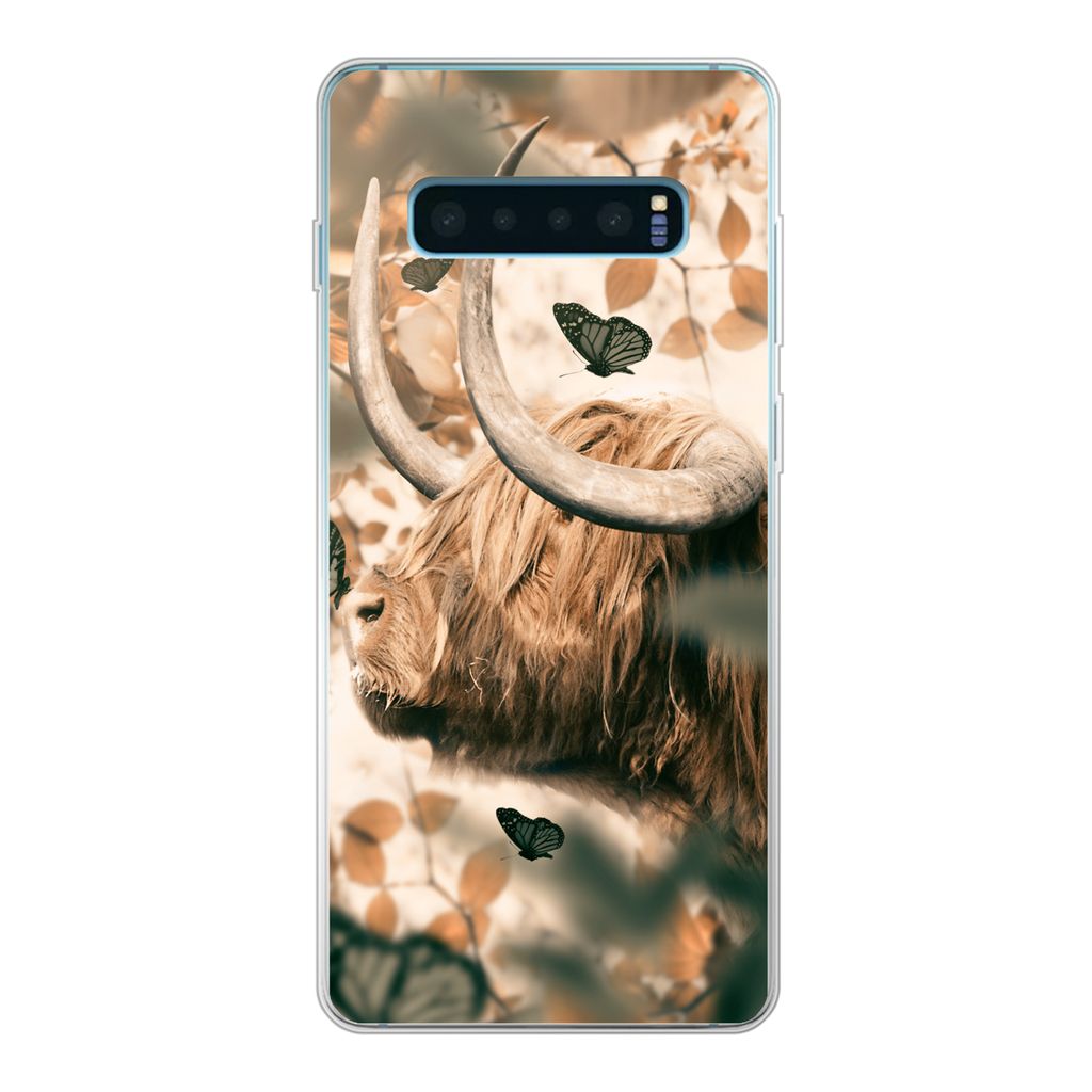MuchoWow Handyhülle Schutzhülle Hülle für Samsung Galaxy S10 Lite Schottische Highlander - Schmetterlinge - Blätter Silikon Softcase Handy H...