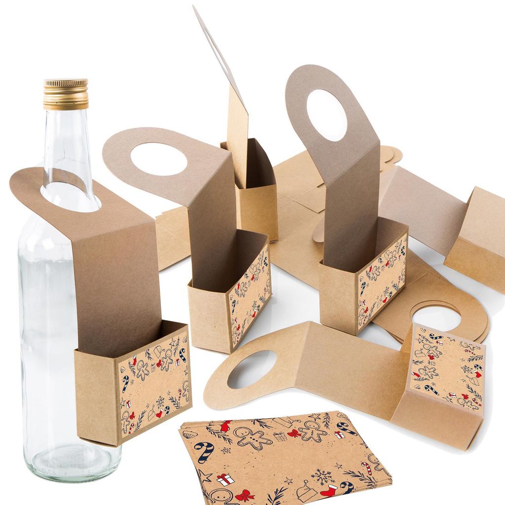 Logbuch-Verlag 10 Flaschenanhänger aus Kraftpapier mit Weihnachtssticker braun rot zum Beschriften - Weihnachtsverpackung Weinflaschen