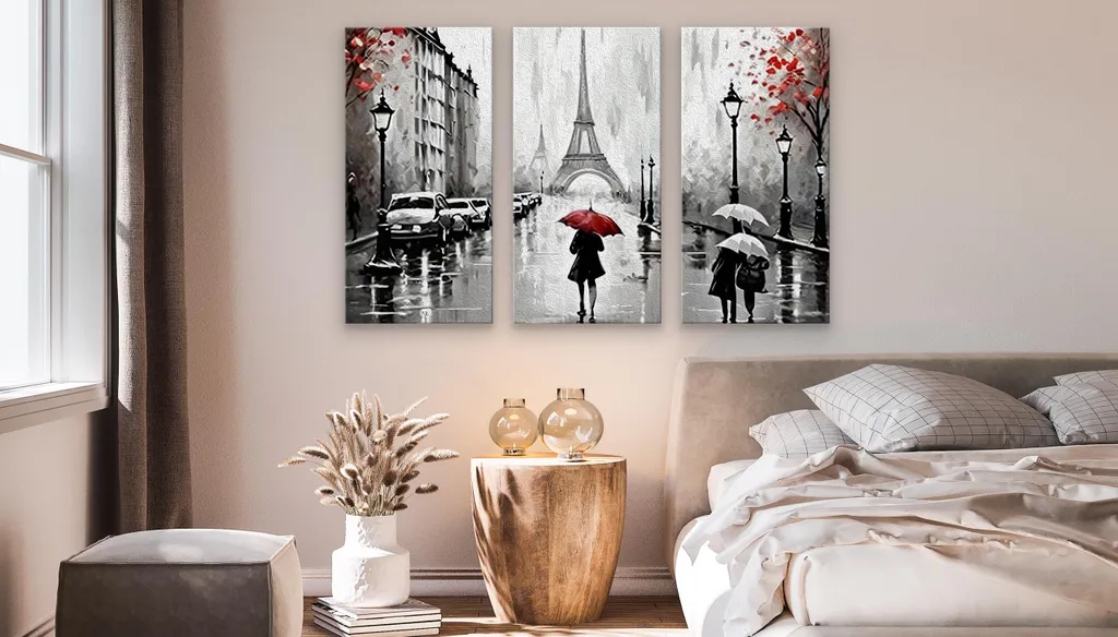 Muralo Tela Immagini Set pronto da appendere Parigi strada persone con ombrello Decorazione murale Lx 120cm x Hx 80cm (3x 40cm x 80cm