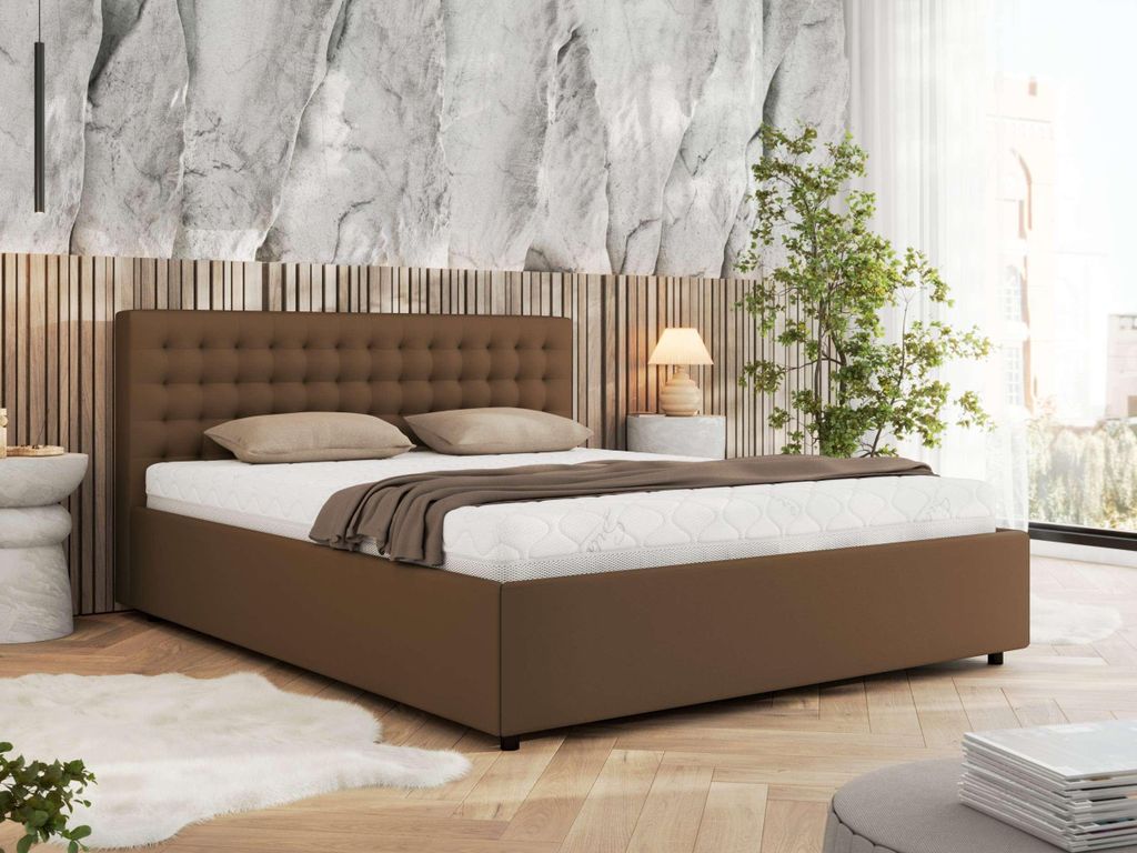 MKS MEBLE Polsterbett Doppelbett PAVO CLASSIC Bett mit Stauraum Gasdruck-Mechanismus Stauraumbett Foam Matratze MIRO LUX 200x200 Braun Kunstleder