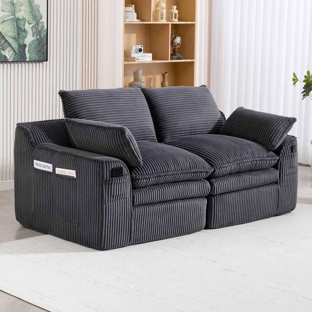 STILVORA Modulares Sofa aus Cord mit Kissen und 2 Seitentaschen, Wohnzimmersofa mit Federkern und 3-lagigem Schaumstoff, 2-Sitzer Sofa für Wohnzim...