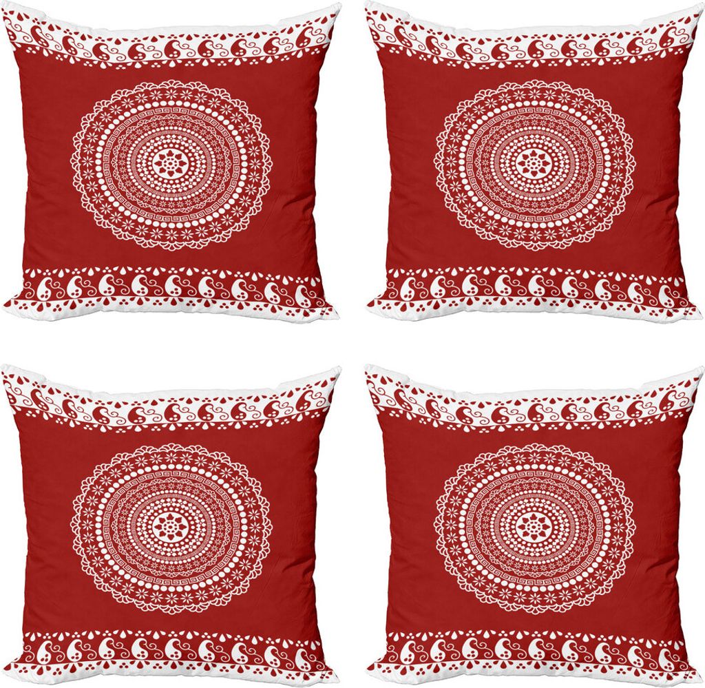 ABAKUHAUS Red Mandala Kissenbezug Set (4 Stück), Paisley Side Border, Moderner Doppelseitiger Digitaldruck, 45 cm x 45 cm, Burgunder und Weiß