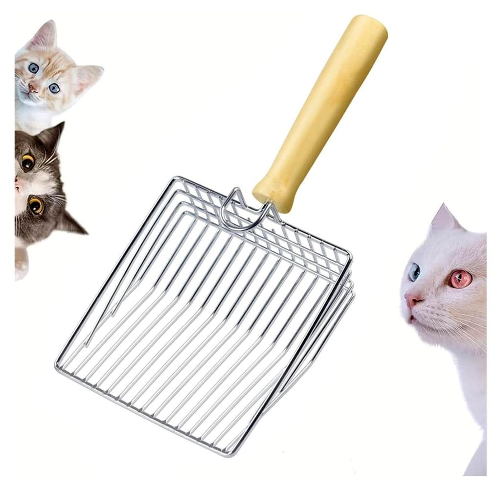 Katzenstreuschaufel aus Metall, 27 cm, mit Holzgriff und 7 mm Lochabstand