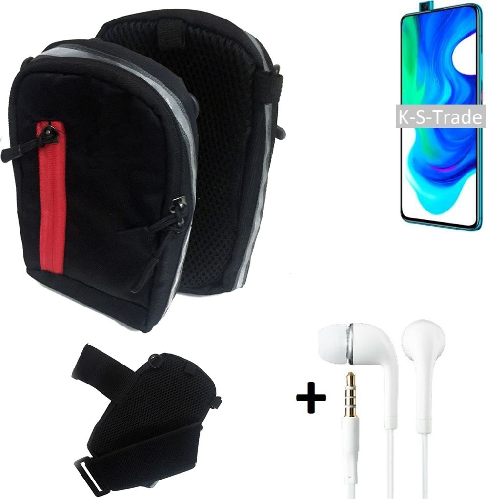 K-S-Trade Outdoor Gürteltasche Holster Umhängetasche + Kopfhörer kompatibel mit Xiaomi Poco F2 Pro schwarz Handy Tasche Case travelbag Schutzhülle