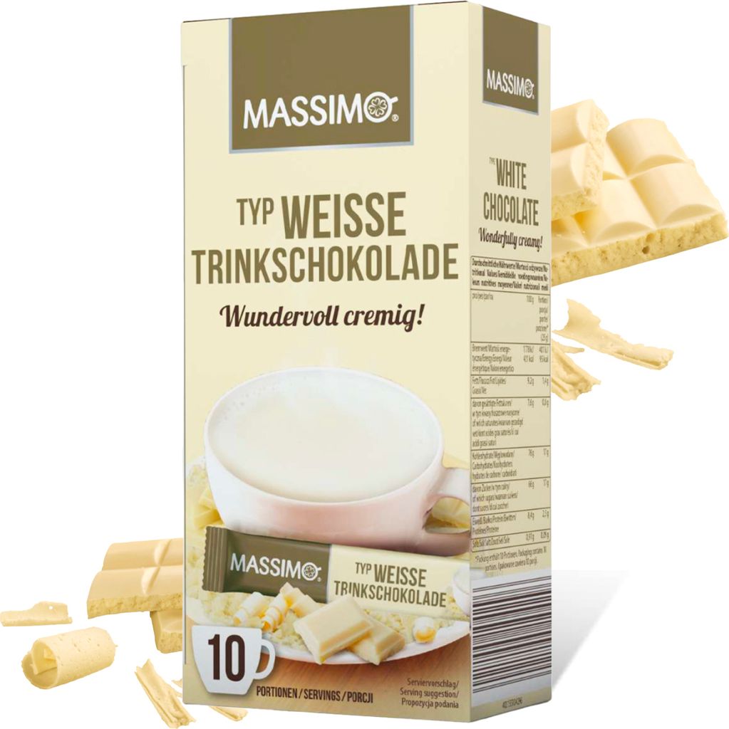 A box of white hot chocolate mix with some white chocolate bars and shavings scattered around.