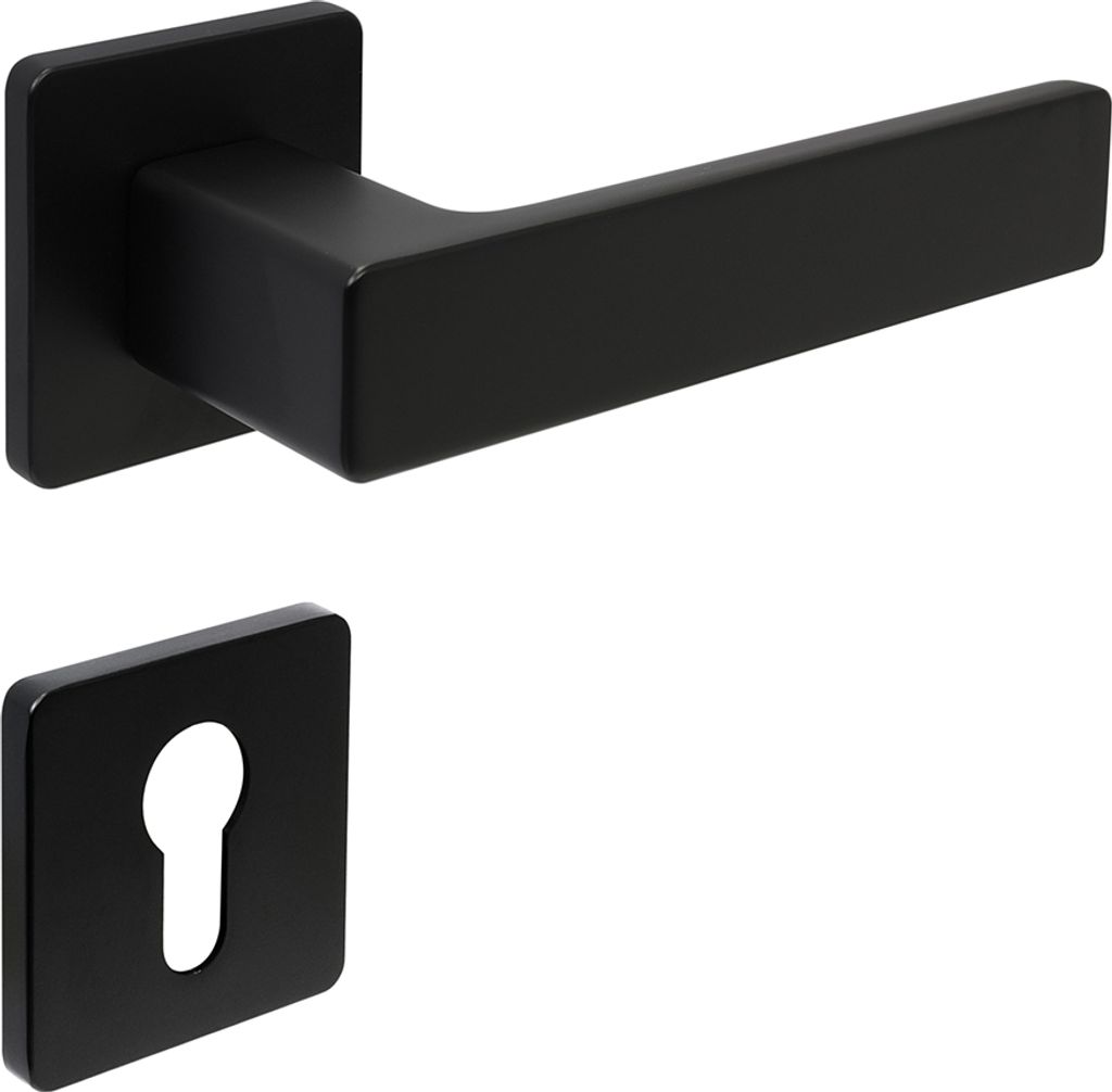 A black matte door handle set with a keyhole escutcheon plate, presented against a white background.