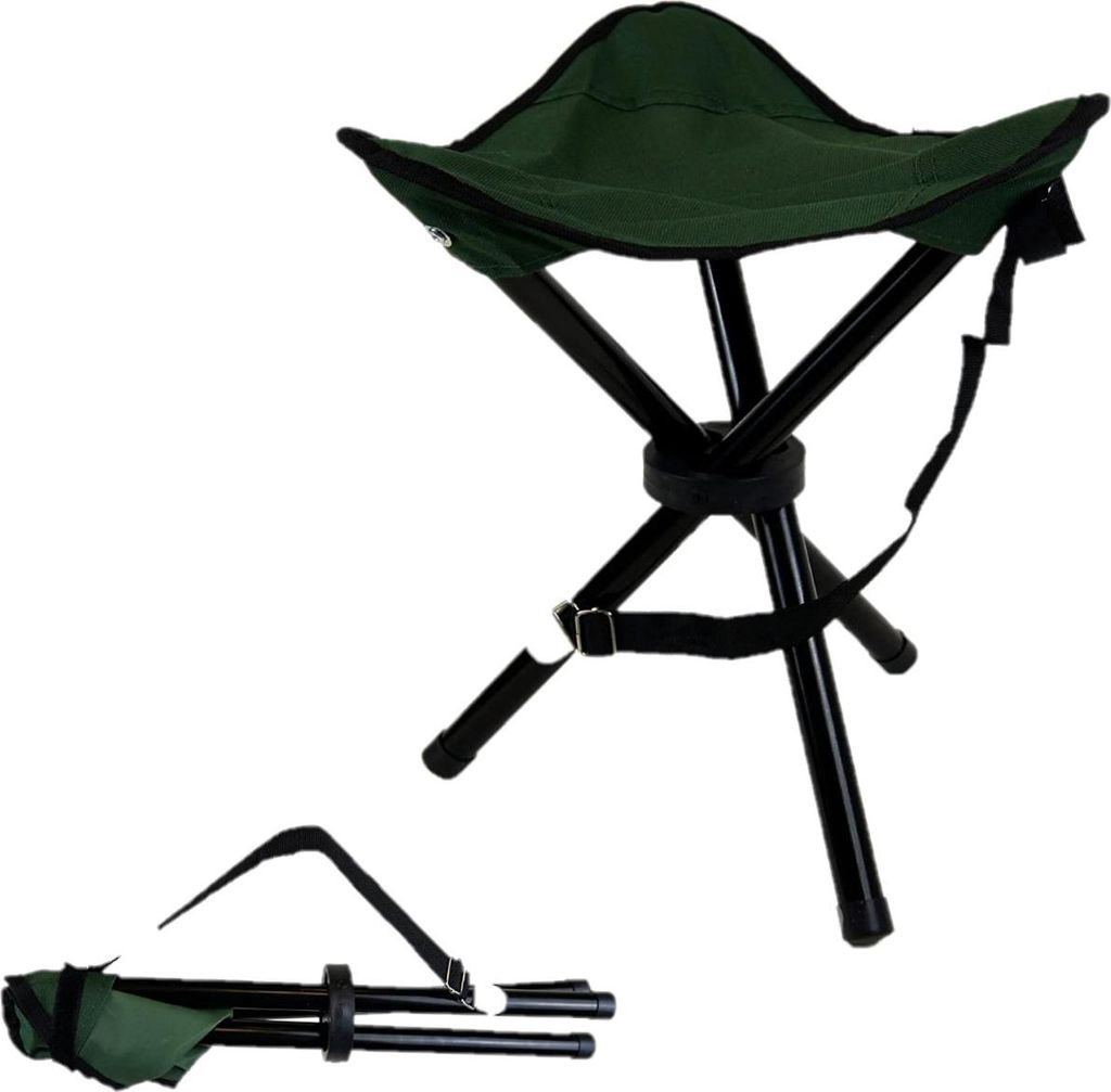 A portable green camping stool shown in both its open and folded states against a white background.
