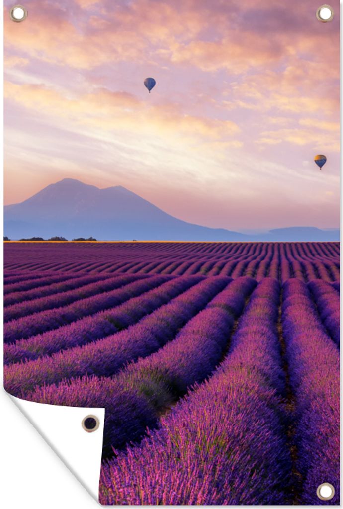 MuchoWow 40x60 cm Outdoor-Poster Gartendeko Sichtschutz Garten Poster für den Garten Lavendel - Heißluftballon - Berg - Lila