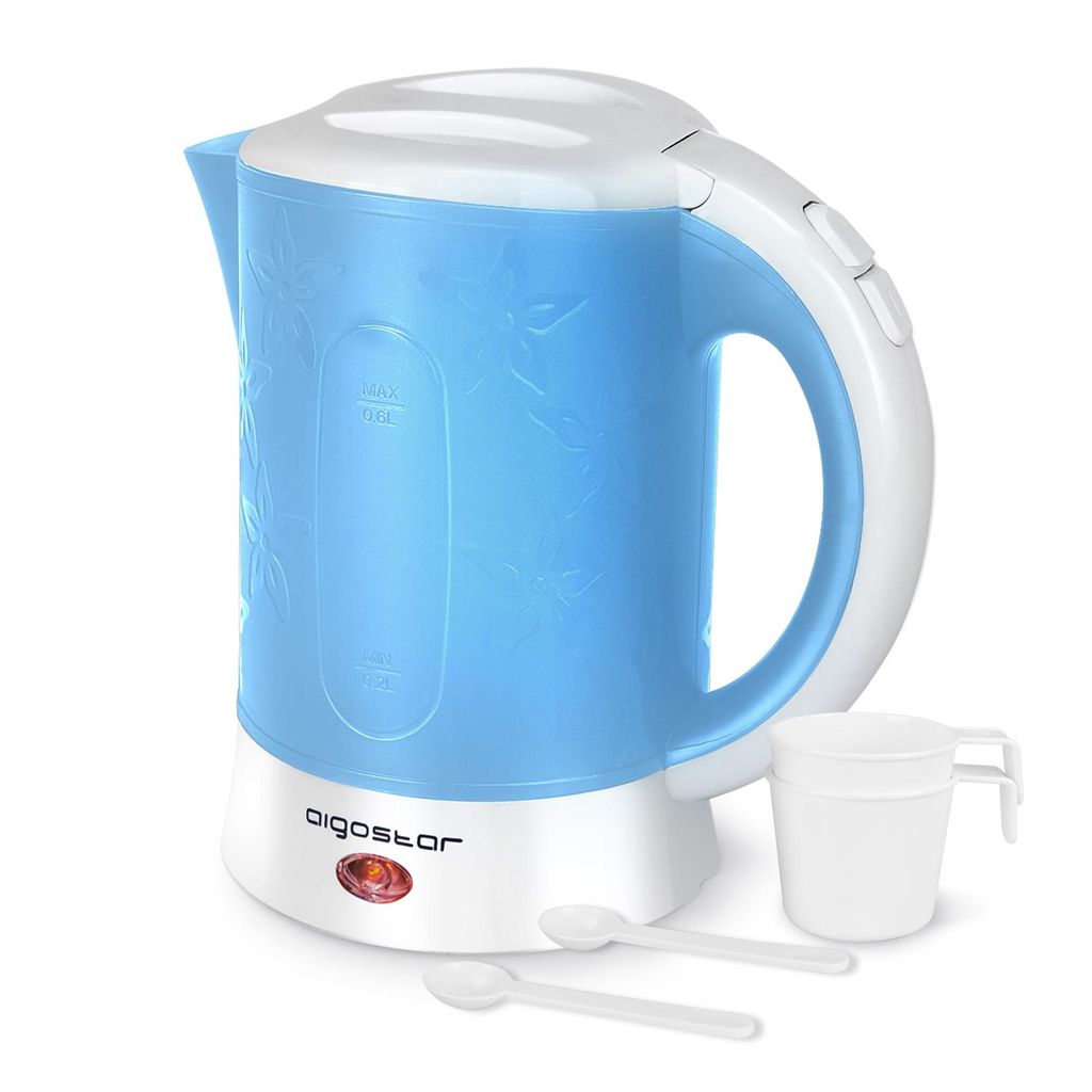 Aigostar - 0,6 L Reisewasserkocher, Mini Wasserkocher Klein 650W, Camping, 2 Tassen und 2 Teelöffel, Abschaltautomatik mit Trockenschutz, Blau