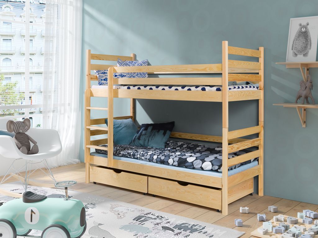 KEF Johann Etagenbett Kinder Holz Kinderbett für Zwei Kinder Leiter Universal mit Matratze Kiefer 80x190 cm