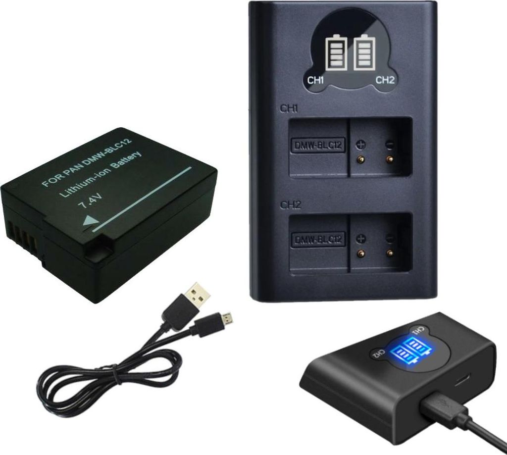 2in1 Set: Akku 1250mAh + USB-C Doppel Akku Dual LCD Schnell-Ladegerät für 2 Akkus kompatibel mit Panasonic Lumix DMC-FZ300 DMC-G7 DMC-G70H DMC-G7...