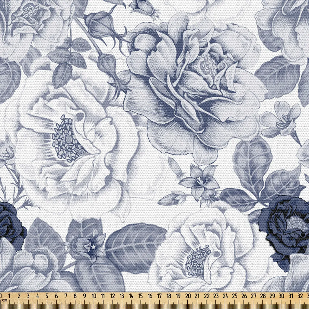 Tissu motif roses bleu et gris romantique 3m haute qualité ABAKUHAUS