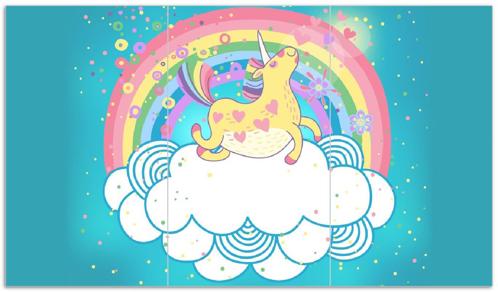 Wallario Herdabdeckplatte aus Glas, Größe 90 x 52 cm 3-teilig, Motiv Lustiges Einhorn auf einer Wolke vor Regenbogen