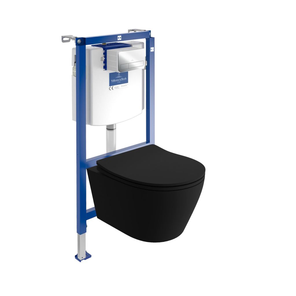 Villeroy&Boch ViConnect H112 Vorwandelement Unterputz WC mit Bedienplatte + Wand Hänge Tiefspül WC Praia Schwarz Spülrandlos | WC Komplettset |