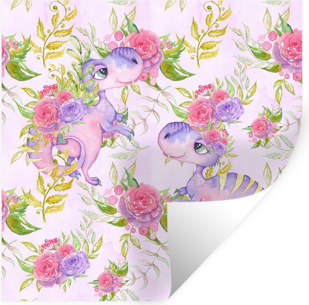 MuchoWow Wandtattoo Wandsticker Wandaufkleber Kinderzimmer - Lila - Dinosaurier - Mädchen - Kinder - Rosa 80x80 cm Selbstklebend und Repositioni...