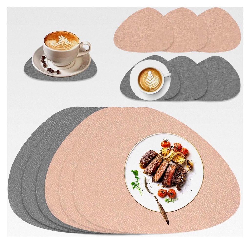 12er Abwaschbare Platzsets mit Untersetzern, Doppelseitige Tischsets aus Leder (Grau Ros)