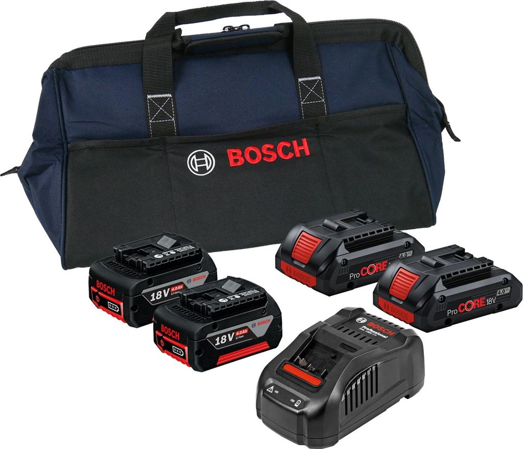 Bosch Starter-Set 18V / 2x 4,0 Ah Akku + 2x 4,0 Ah ProCORE18V Akku + Ladegerät GAL 1880 CV in Handwerkertasche