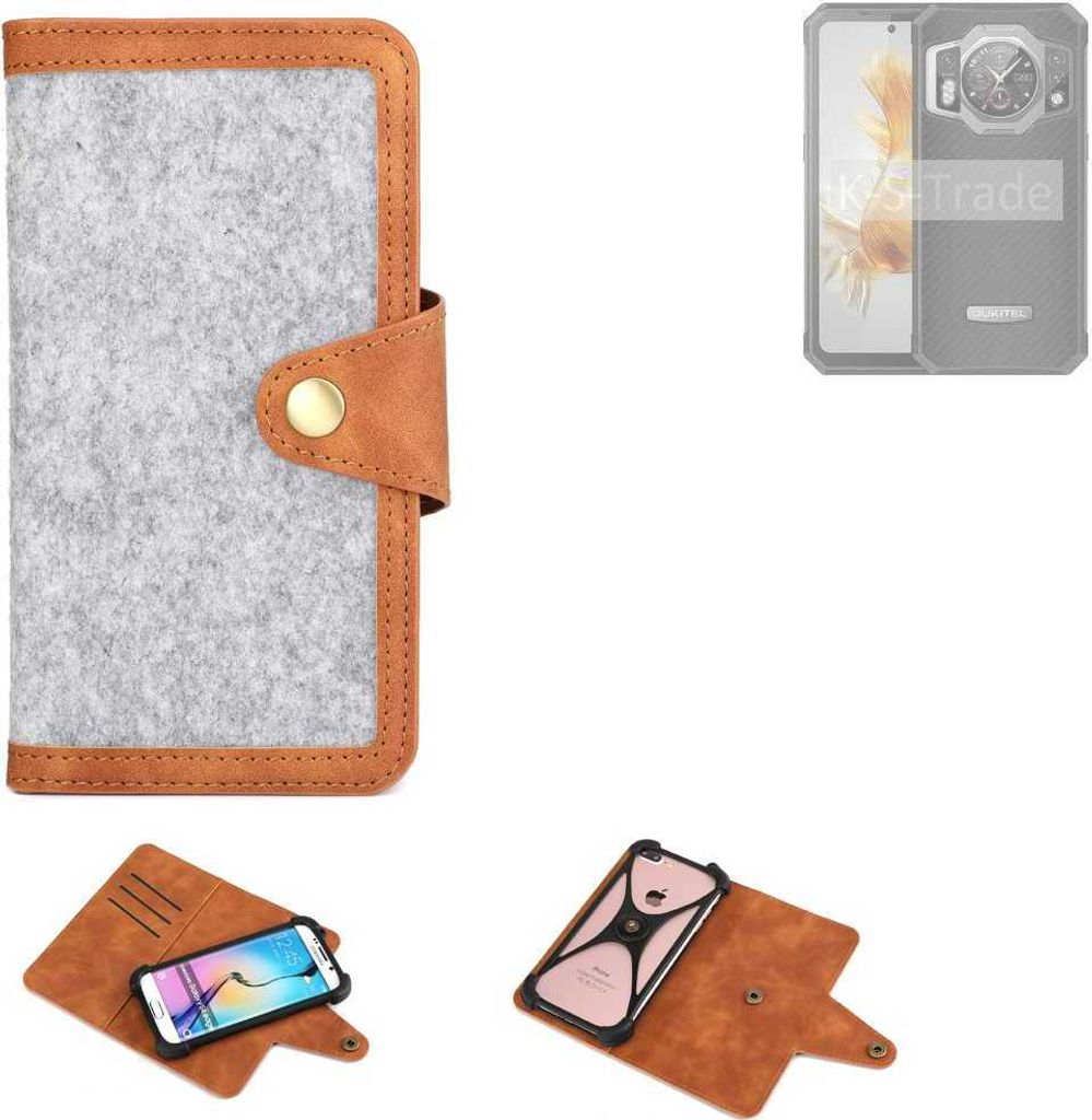 K-S-Trade Handyhülle kompatibel mit Oukitel WP21 Schutzhülle Filz-Hülle Kunst-Leder hellgrau braun (1x)