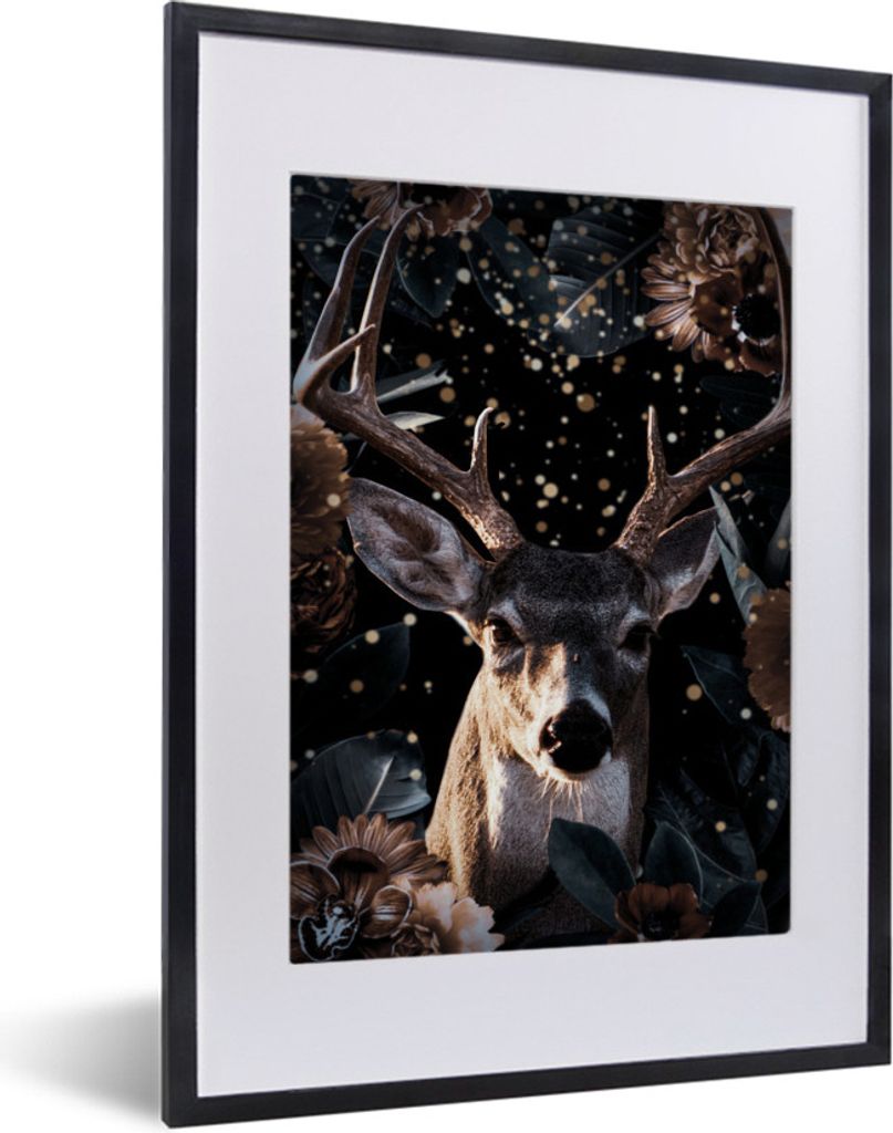 MuchoWow MuchoWow Gerahmtes Poster Hirsche - Gold - Pflanzen 30x40 cm - Poster mit zchwarzem Bilderrahmen - Wandposter Schlafzimmer