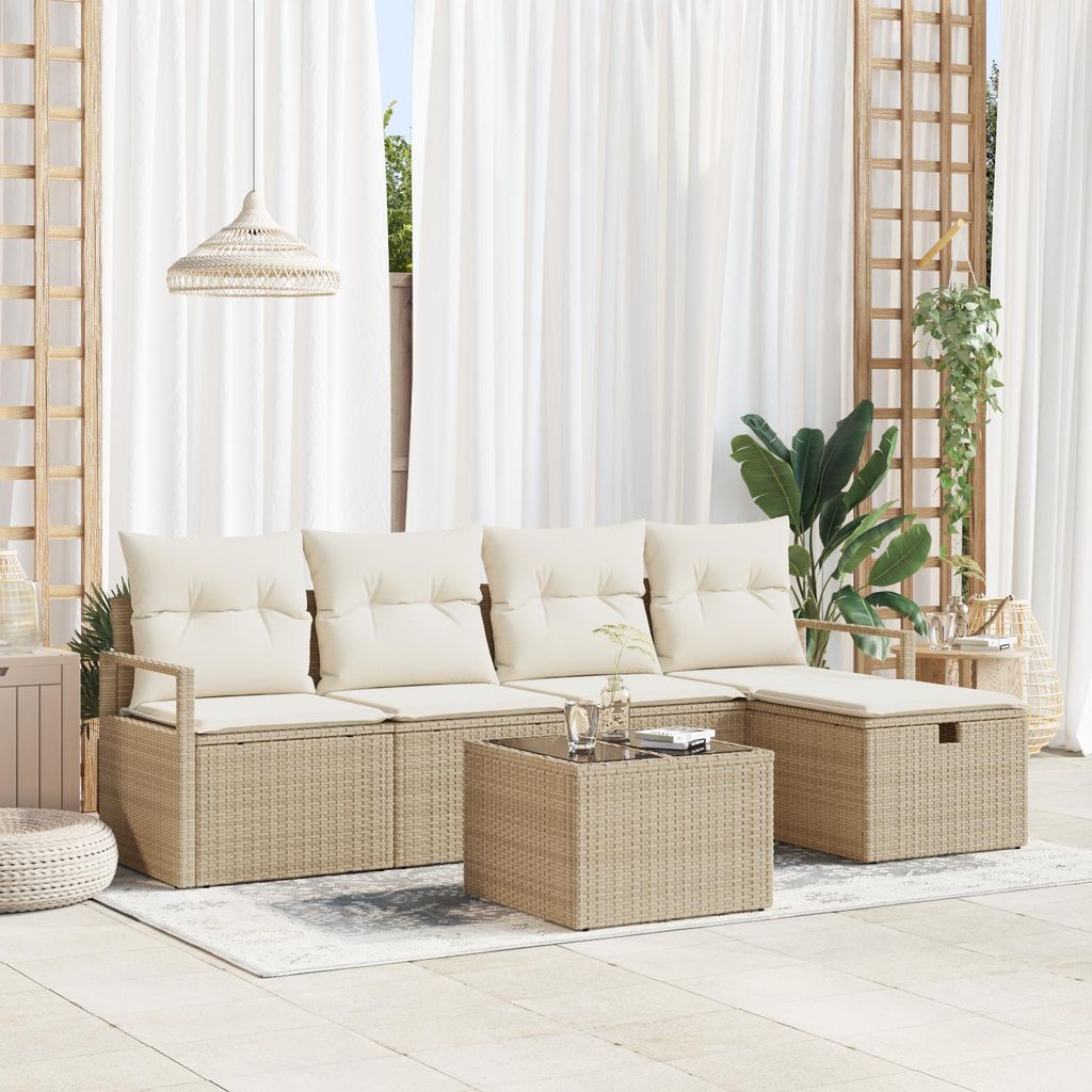 6-teiliges Garten-Sofa-Set mit Kissen Beige Poly Rattan, Design Gartensofas Neu