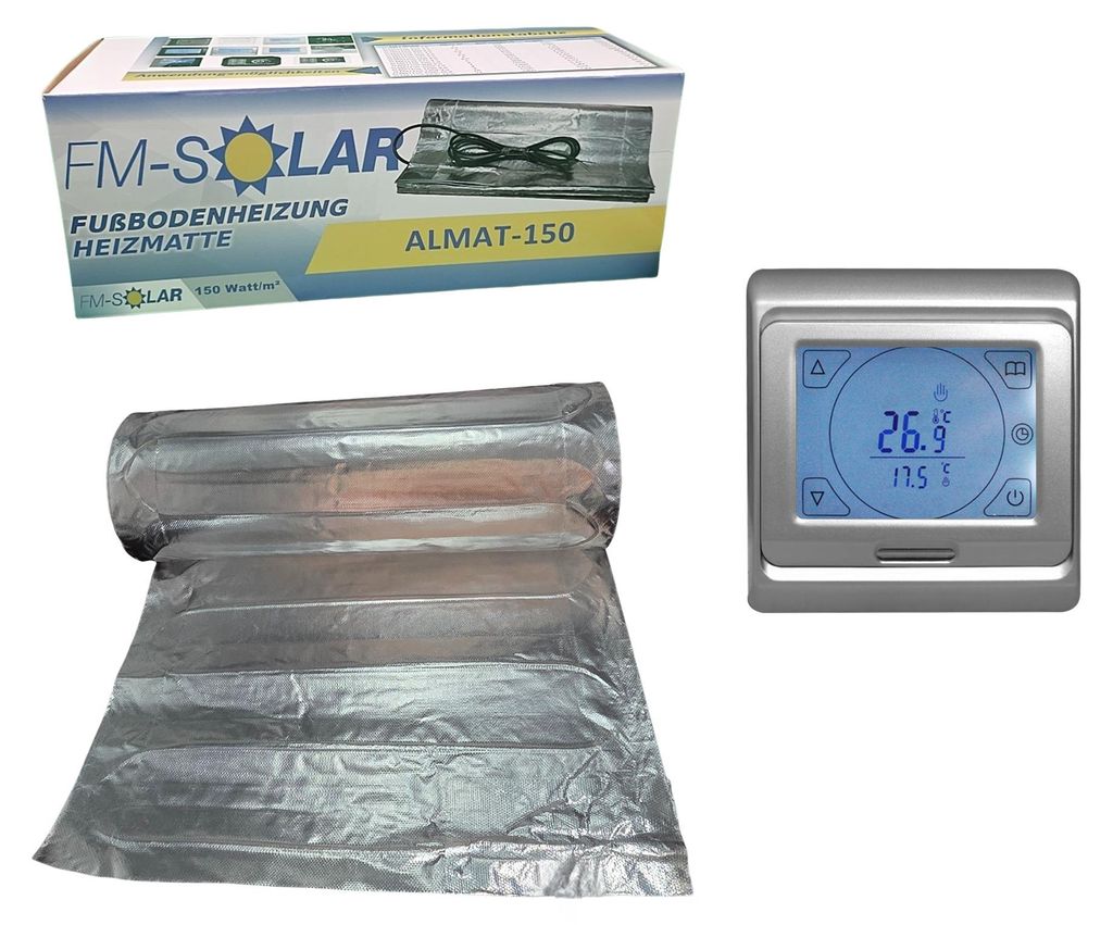 8m² Elektrische Fußbodenheizung 150W/m² elektro Bodenheizung ALU + Thermostat Digital Touch Silber