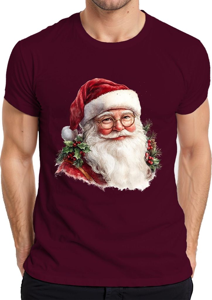 Weihnachtsmann Aquarell Portrait Brille Stechpalme Vintage Herren T-Shirt, Burgundy, L