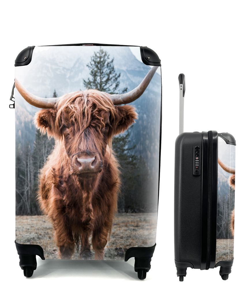 MuchoWow Koffer Handgepäck Trolley Rollkoffer Kleine Reisekoffer mit 4 Rollen - Schottischer Highlander - Tiere - Porträt - Cabin Size < 55x40x...