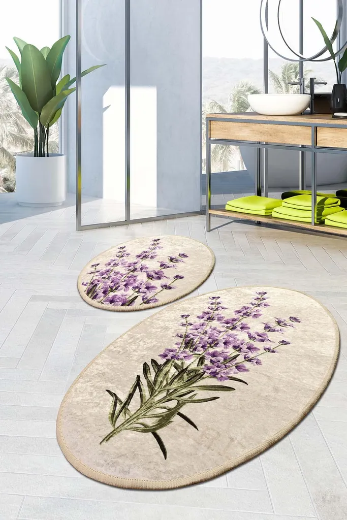 Tapis de bain anti-glisse ovale lavande : confort et sécurité en lot de 2