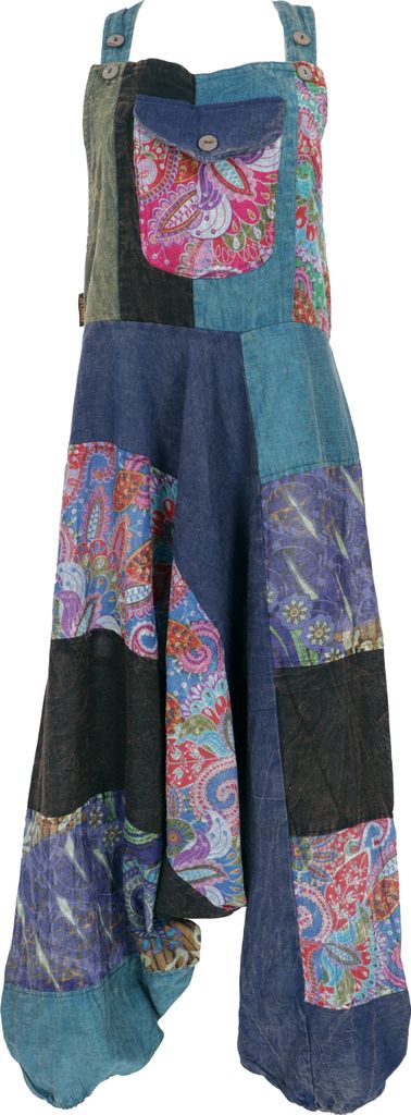 Unikat Patchwork Boho Latzhose, Bunter Jumpsuit, Overall - Blau, Damen, Baumwolle, Größe: L/XL