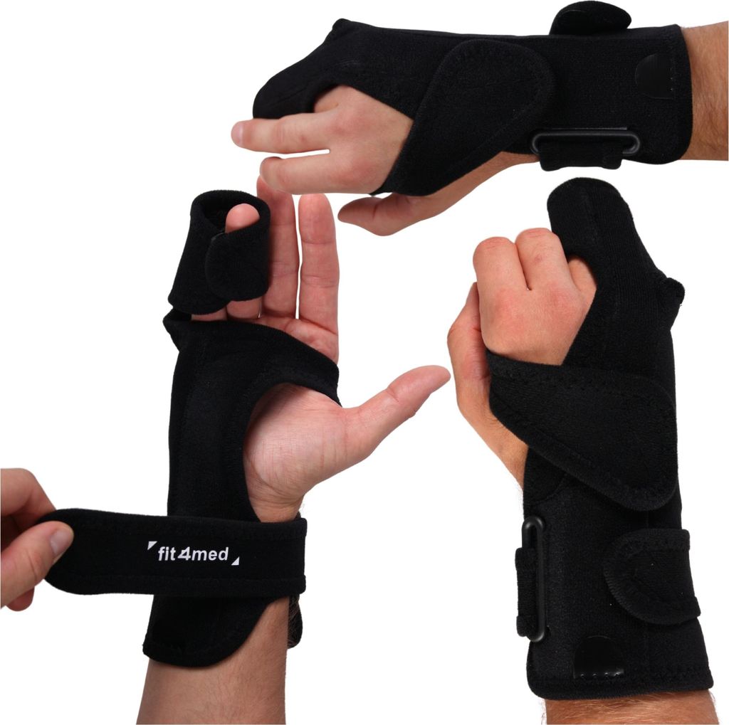 Collage of three different views of a black hand and wrist brace.