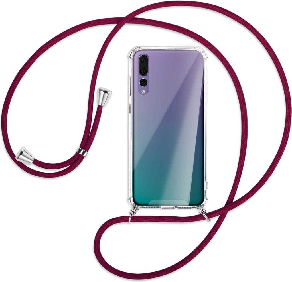 Handykette Backcover-Schutzhülle mit Band (Metall silberfarben) für Huawei P20 Pro - dunkelrot
