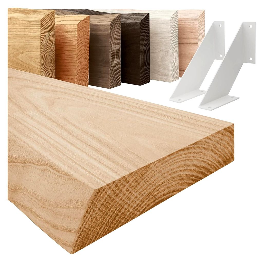 Manufaktur Holzregal mit weißen V-förmigen Halterungen | Wand Regal 60cm breit für Badezimmer, Flur, Küche im Industrial-Stil | Farbe: Natur, K...