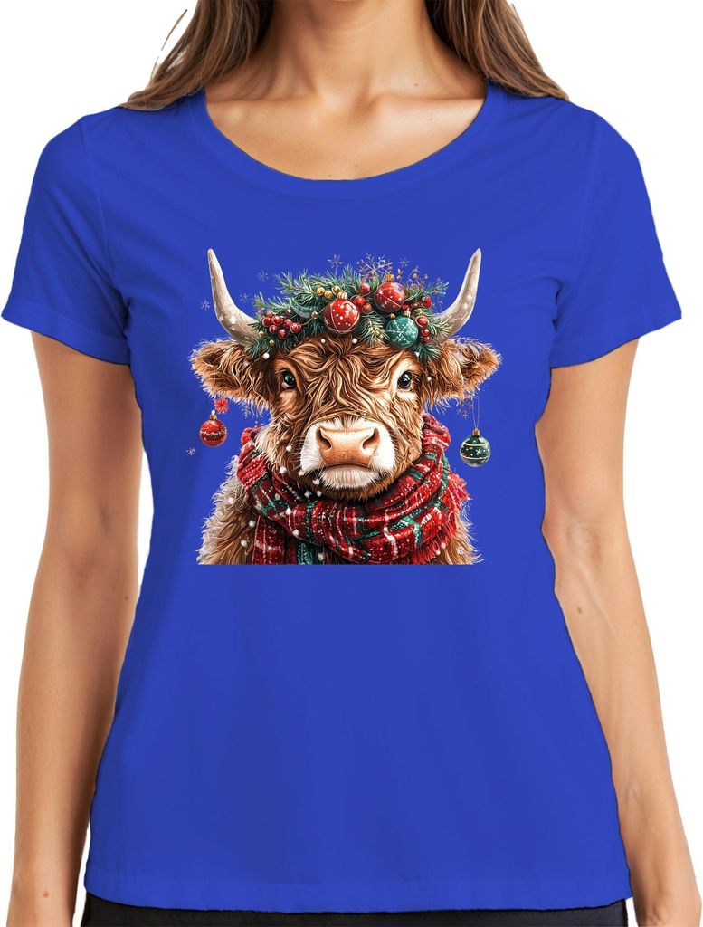 Weihnachtskuh Highland Kuh Kranz Kugeln Schal Winter Geschenk Damen T-Shirt, Blau, L