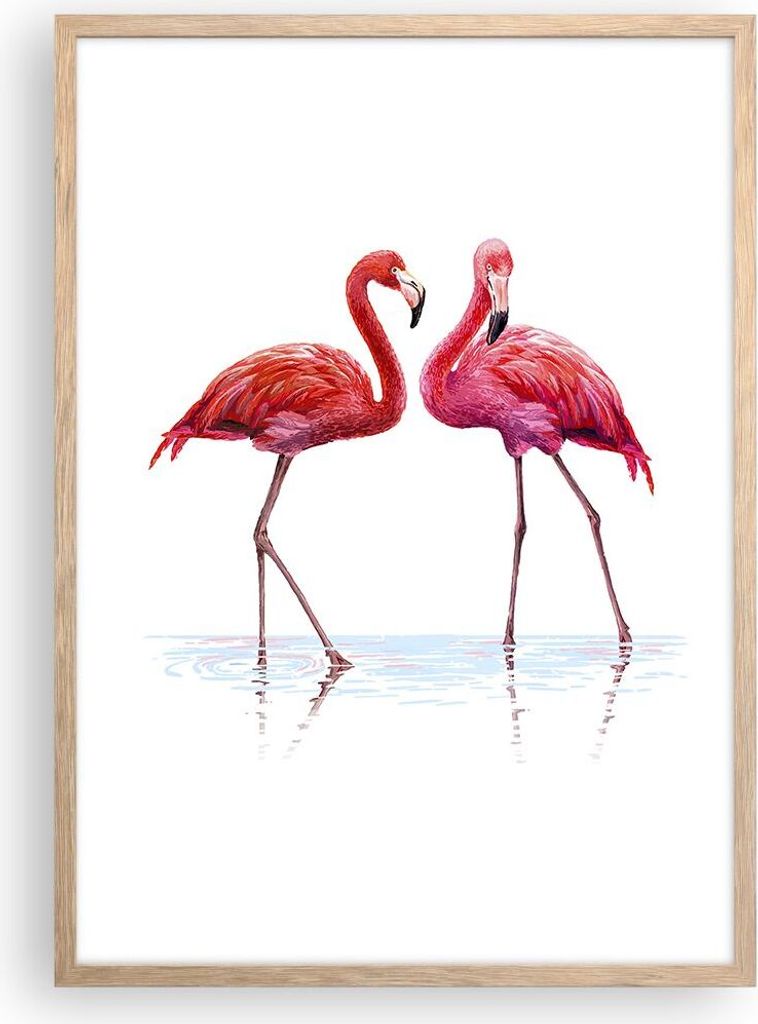 Gerahmtes Poster - Rahmen in heller Eiche - Flamingos Rosa Paar - 50x70 cm - Wand Bild - Wanddeko - Wandbilder - Wandposter - Bilderrahmen - Bilder...