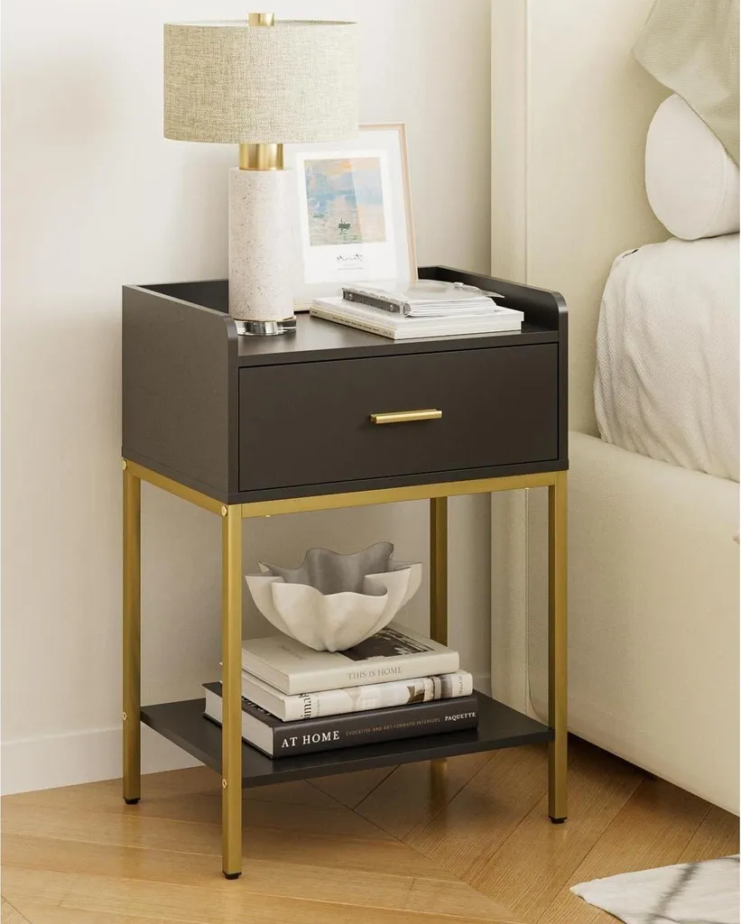 Petite table de nuit noire gain de place avec tiroir et triple plateau