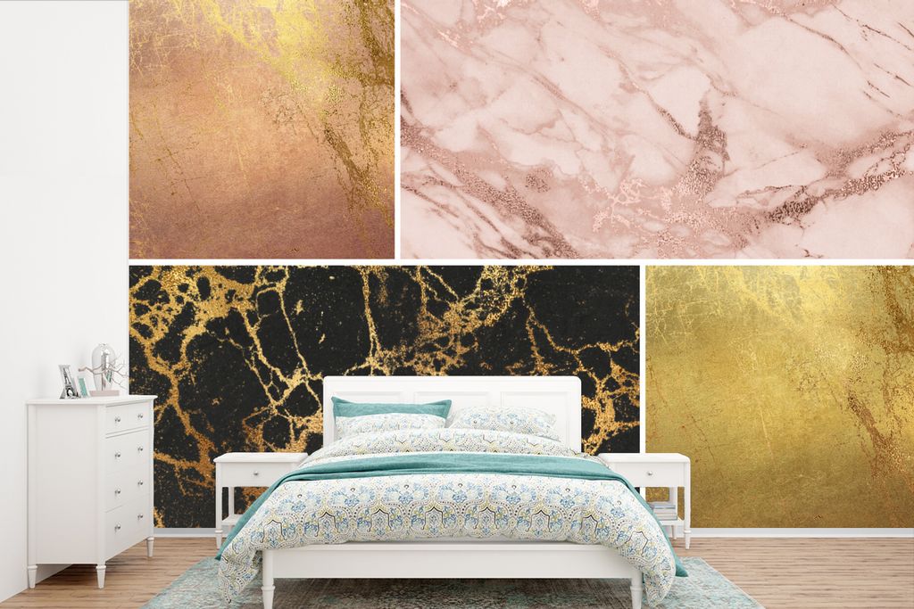 MuchoWow Fototapete für Wohnzimmer oder Schlafzimmer Wandtapete Vinyl Motivtapete Marmor - Rosa - Gold - 360x240 cm - Vinyl-Tapete