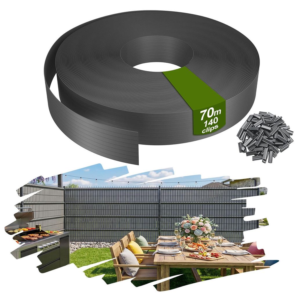 YRHome PVC Sichtschutzstreifen Balkonsichtschutz Sichtschutzfolie Zaunblende Balkon Terrasse Garten 70m Grau inkl. 140 Befestigungsclips