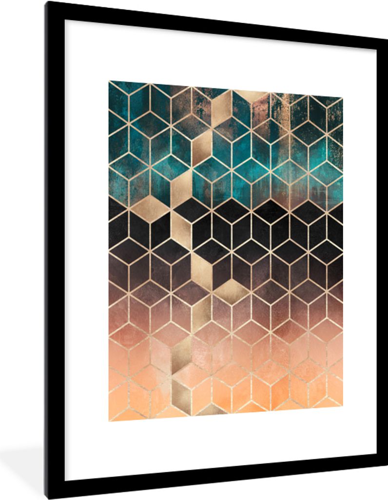 MuchoWow Gerahmtes Poster Abstrakt - Würfel - Gold - Muster - Luxus 60x80 cm - Poster mit Schwarzem Bilderrahmen Wandposter Rahmen Foto Bilder -...