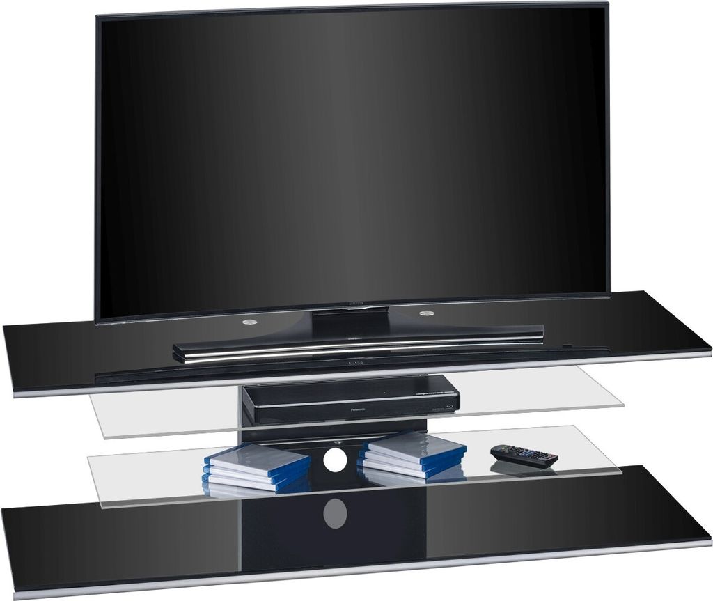 TV-Rack "7725" aus Metall / ESG-Sicherheitsglas in Schwarzglas mit 2 Einlegeböden. Abmessungen (BxHxT) 140x40x45 cm