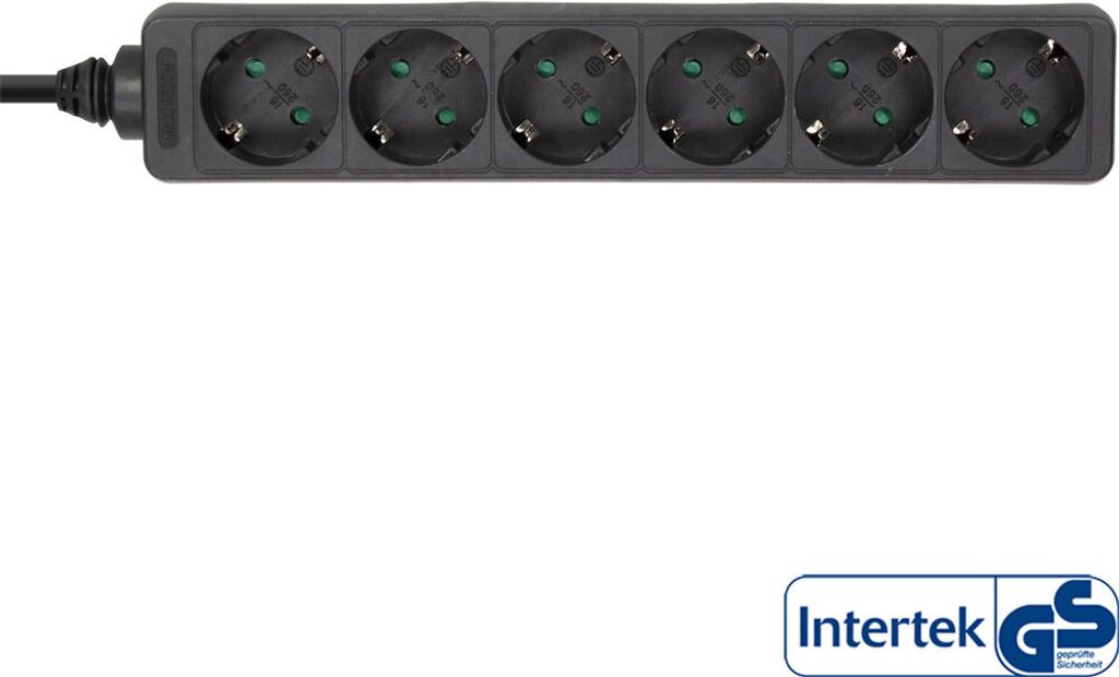 A black power strip with five outlets and a power cord is shown against a white background. A logo is visible in the bottom right corner.